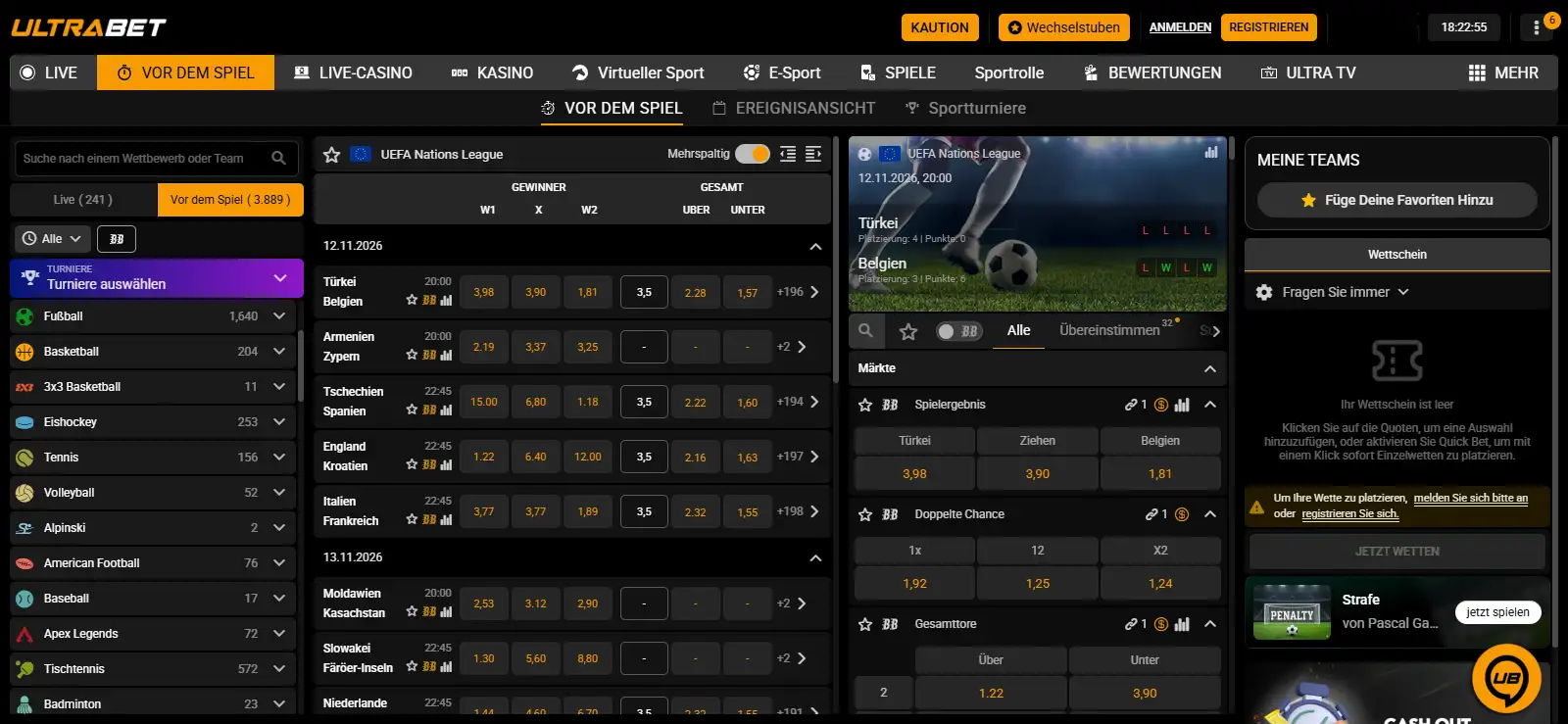Sportwettenbereich mit Kategorien und Auswahl von Wettquoten bei Ultrabet