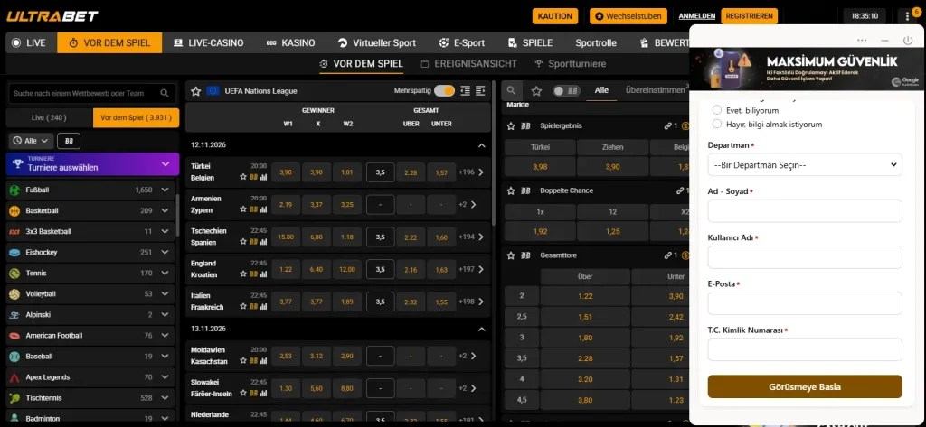 Live-Chat-Fenster der Ultrabet-Webseite mit Nachrichtenbereich und Texteingabe