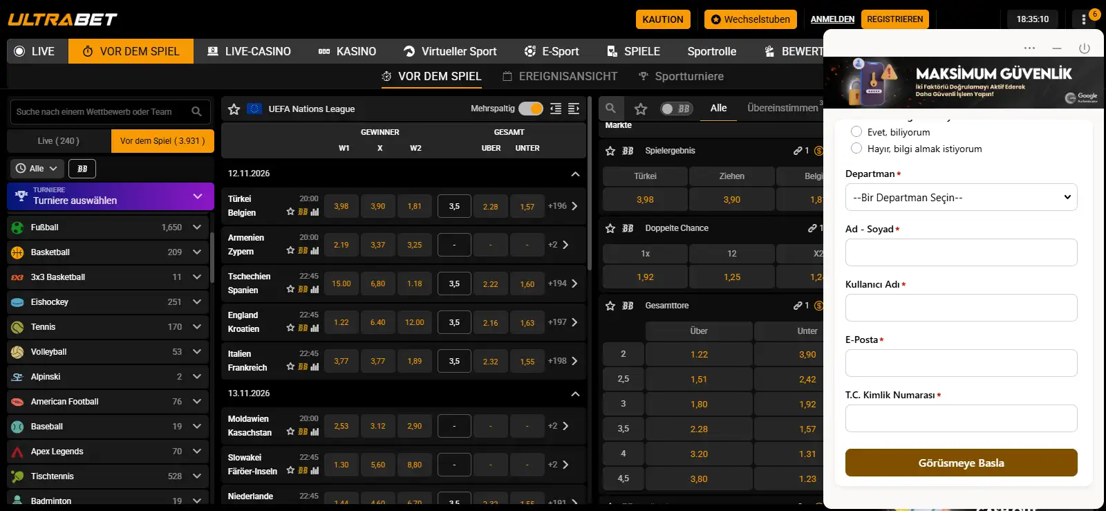 Live-Chat-Fenster der Ultrabet-Webseite mit Nachrichtenbereich und Texteingabe