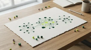 Netzdiagramm aus verbundenen Kreisen auf einem Blatt Papier mit farbigen Markern