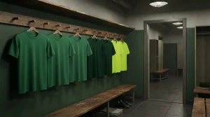 Grüne Trainingstrikots an Holzhaken in einer Umkleide mit Sitzbank