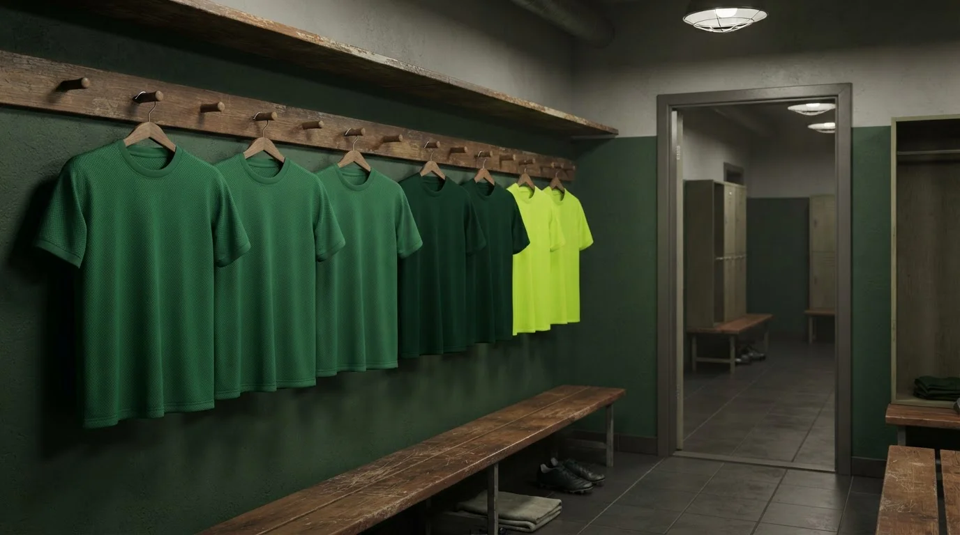 Grüne Trainingstrikots an Holzhaken in einer Umkleide mit Sitzbank