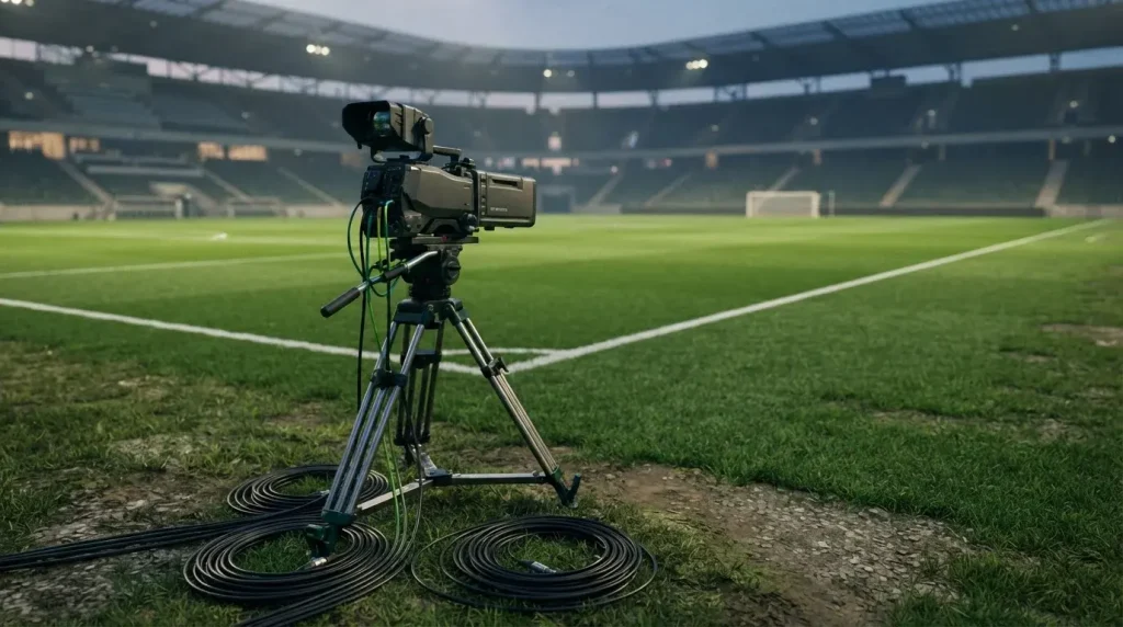 Sportkamera am Rand eines beleuchteten Spielfelds