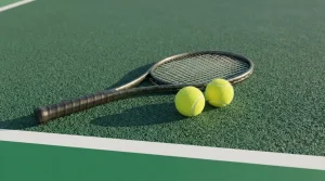 Tennisschläger und zwei gelbe Tennisbälle an der weißen Linie eines Hartplatzes